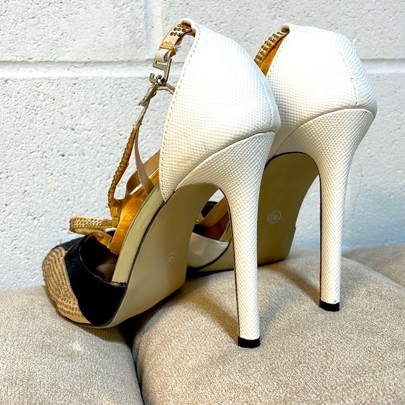 Flawed size 8 mini rhinestone studded T strap high heels gold black white point - Picture 6 of 12